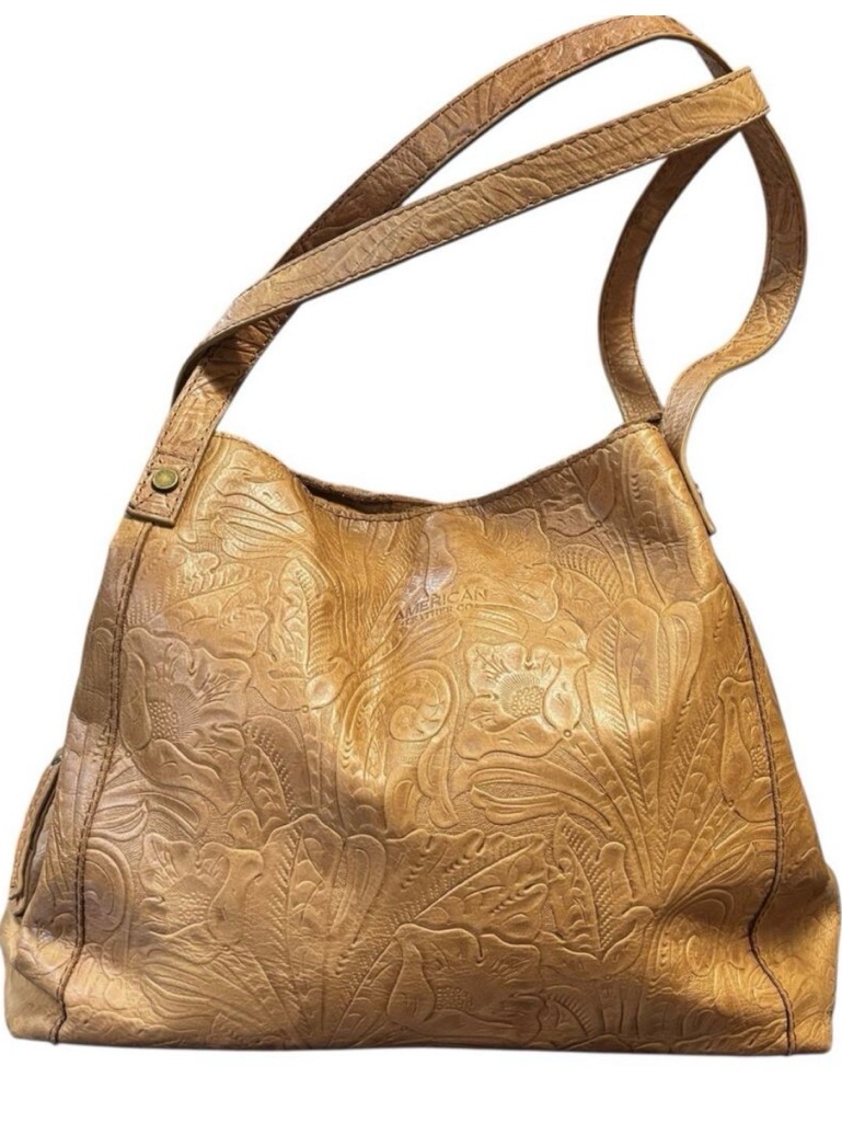 Tan Embossed Floral Leather Shoulder Bag